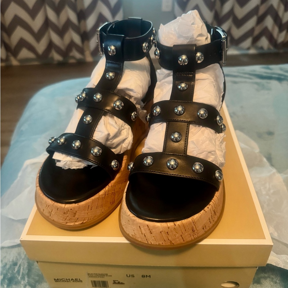 Michael Kors Black Wedge Sandals with Studded Straps